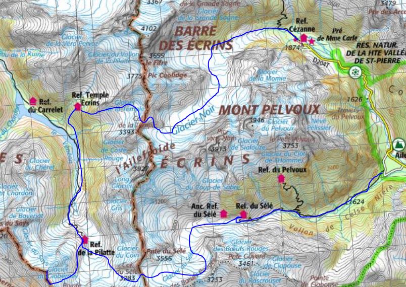 L'itinéraire du tour des Ailefroides en 4 jours sur la carte