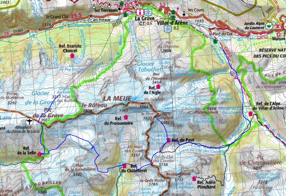 L'itinéraire du tour de la Meije en 4 jours sur la carte