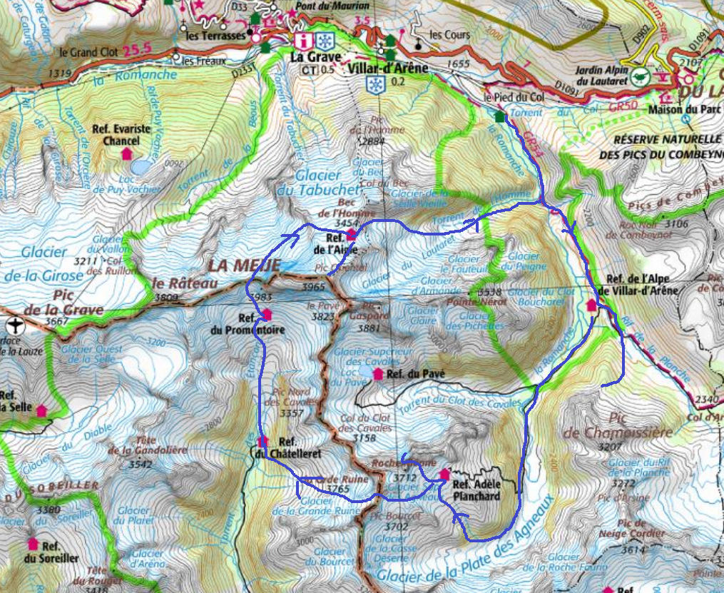 L'itinéraire du raid autour de la Meije à ski sur la carte