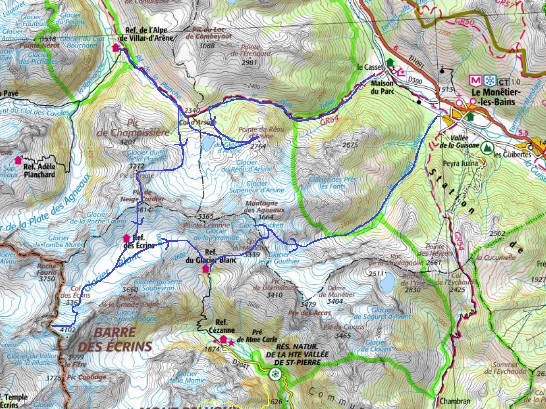 L'itinéraire du raid des Ecrins à ski sur la carte