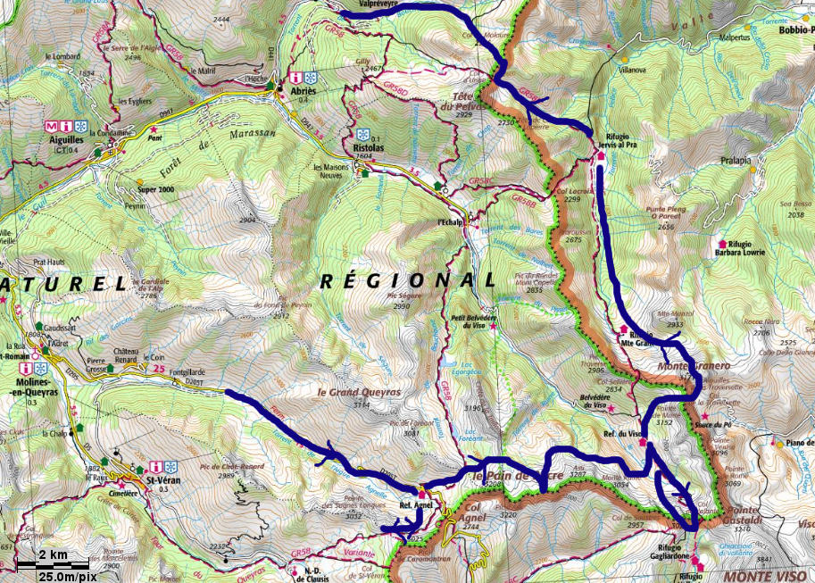L'itinéraire du raid Viso Queyras sur la carte